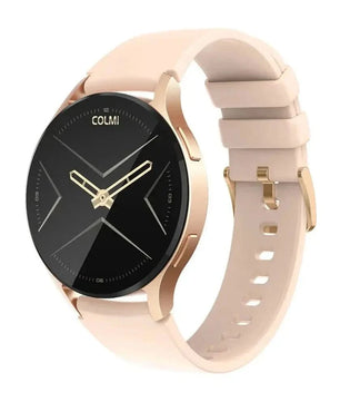 Round AIFIT COLMI smartwatch with pink band and AMOLED display for stylish wear