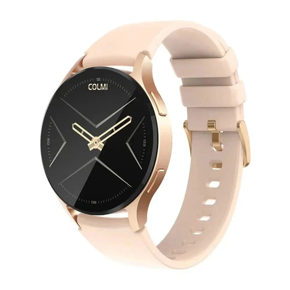 Round AIFIT COLMI smartwatch with pink band and AMOLED display for stylish wear