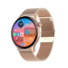Rose gold GraceWatch smartwatch with mesh band, featuring fitness tracker and Bluetooth calling