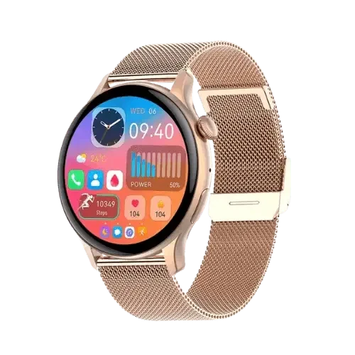 Rose gold GraceWatch smartwatch with mesh band, featuring fitness tracker and Bluetooth calling