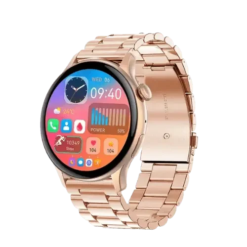 GraceWatch rose gold smartwatch featuring a digital display and fitness tracker functionality