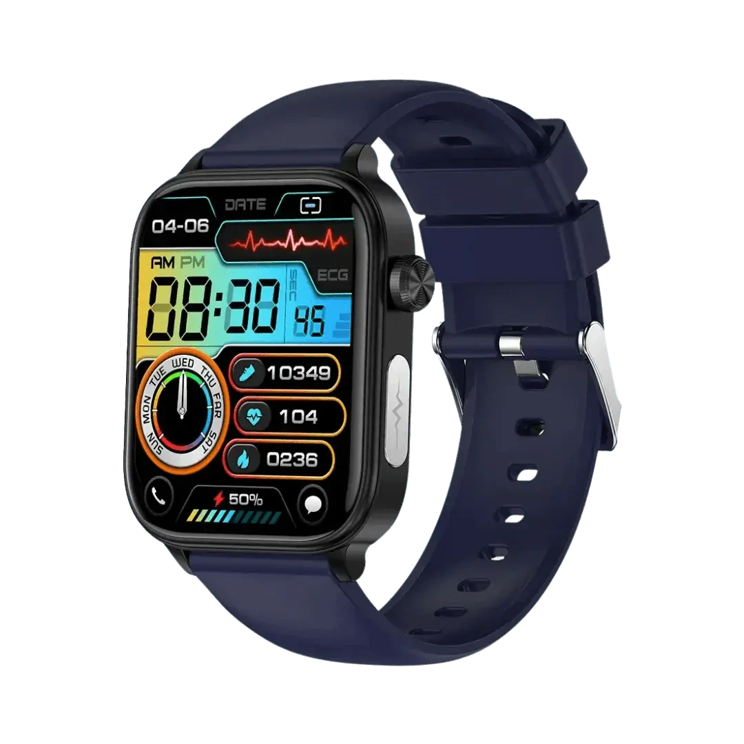 Blue PulseVita smartwatch with digital display for health tracking and Bluetooth calls