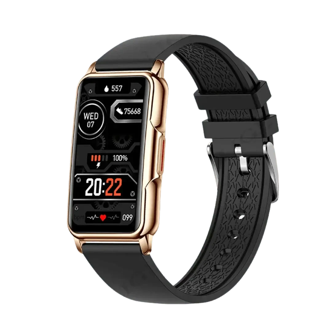 Gold-trimmed smartwatch with black band from WristFit | Lige, a stylish smart bracelet