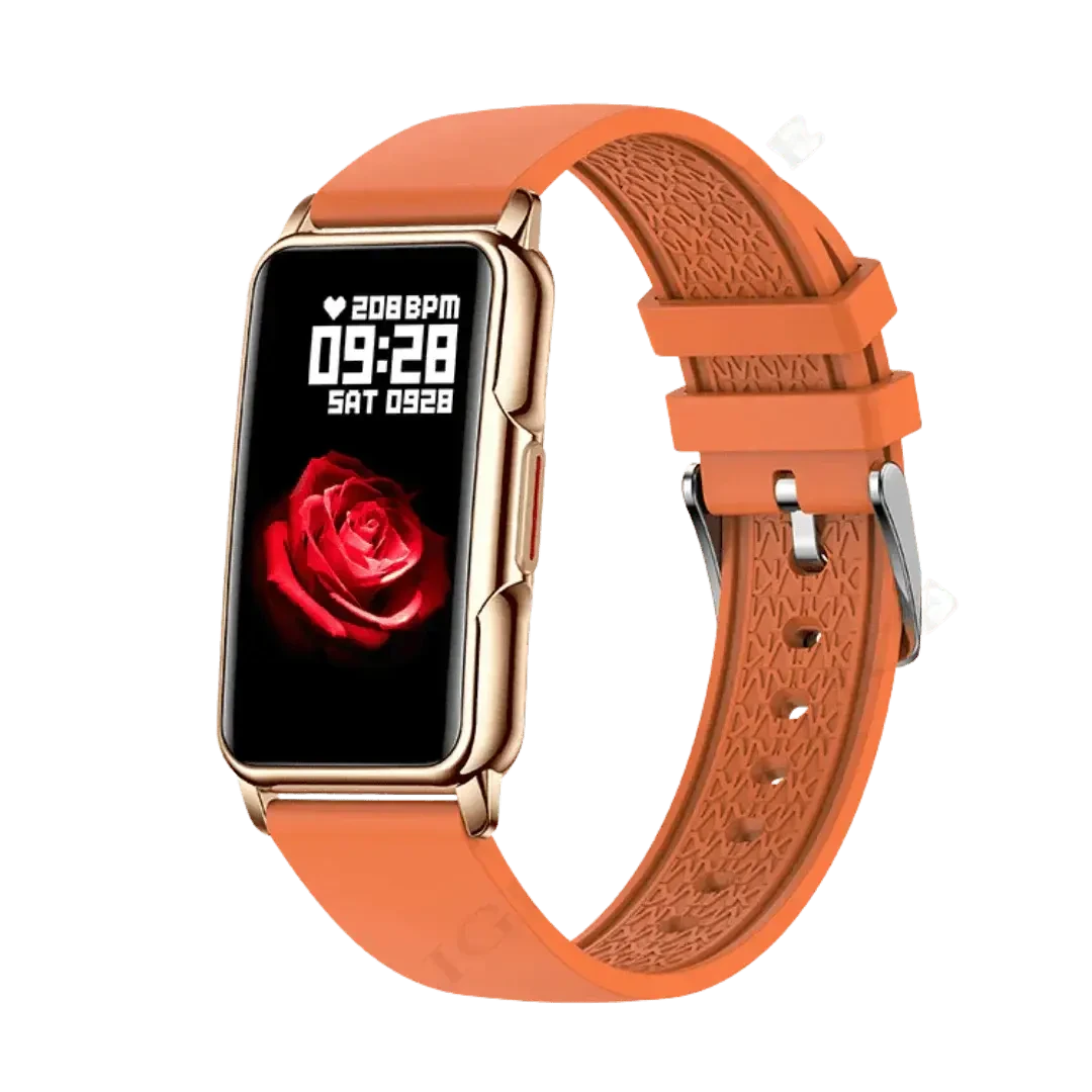 Orange smart watch with rose display from WristFit | Lige featuring a stylish design